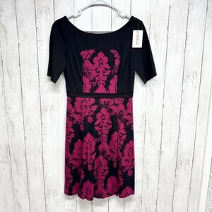 Plenty Tracy Reese Dress Women Sz 4 Black Red Damask Boat Neck Short Sleeve Midi